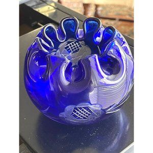 Czech Bohemian Blown Art Glass Bowl Ruffled Cobalt Blue Cut to Clear
